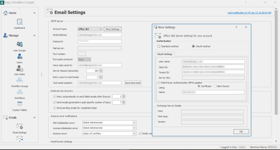 Screenshot Email Settings window