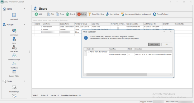 User Validation for Delete User