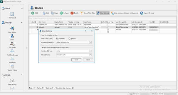 User Registration Setting