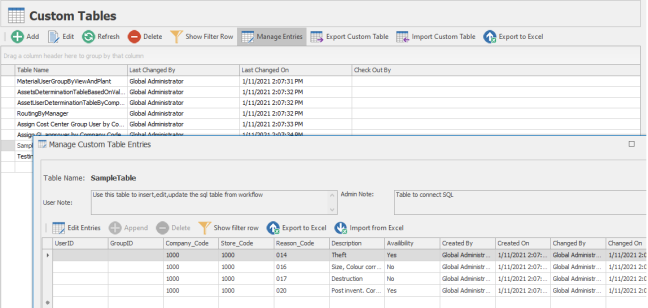 Manage custom table entries