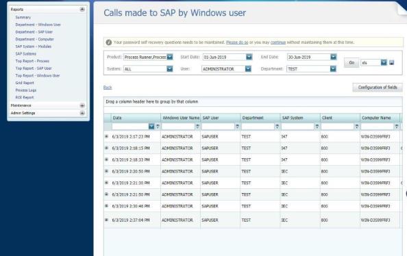 Calls made to SAP from a particular department by a particular Windows user