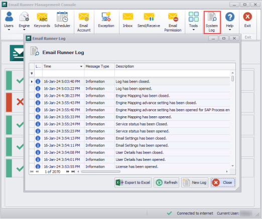 Email Runner Log window