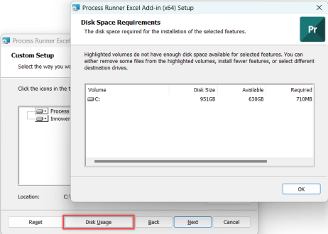 Process Runner Excel Add-in Disk Space Requirements dialog