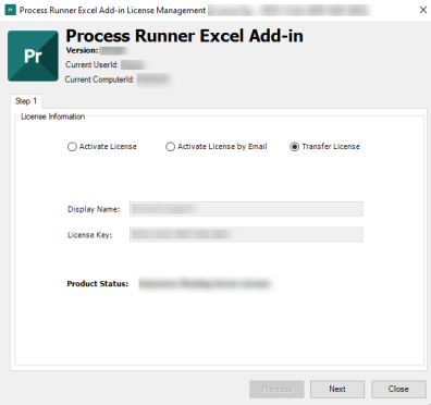 Process Runner Excel Add-in Transfer dialog
