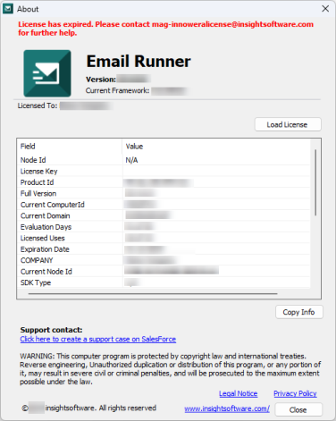 Email Runner License Expired dialog