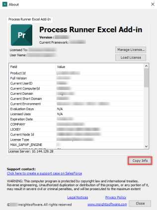 Process Runner Excel Add-in About dialog