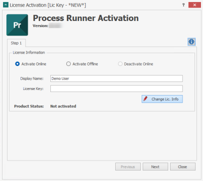 Process Runner Activation dialog