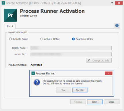 Process Runner Deactivation dialog