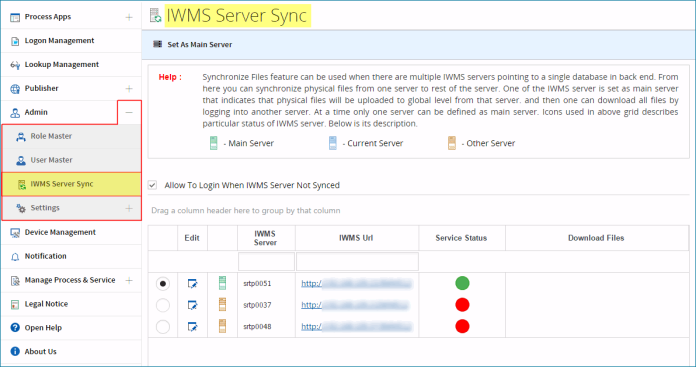 IWMS-Server-Sync-Main-screen